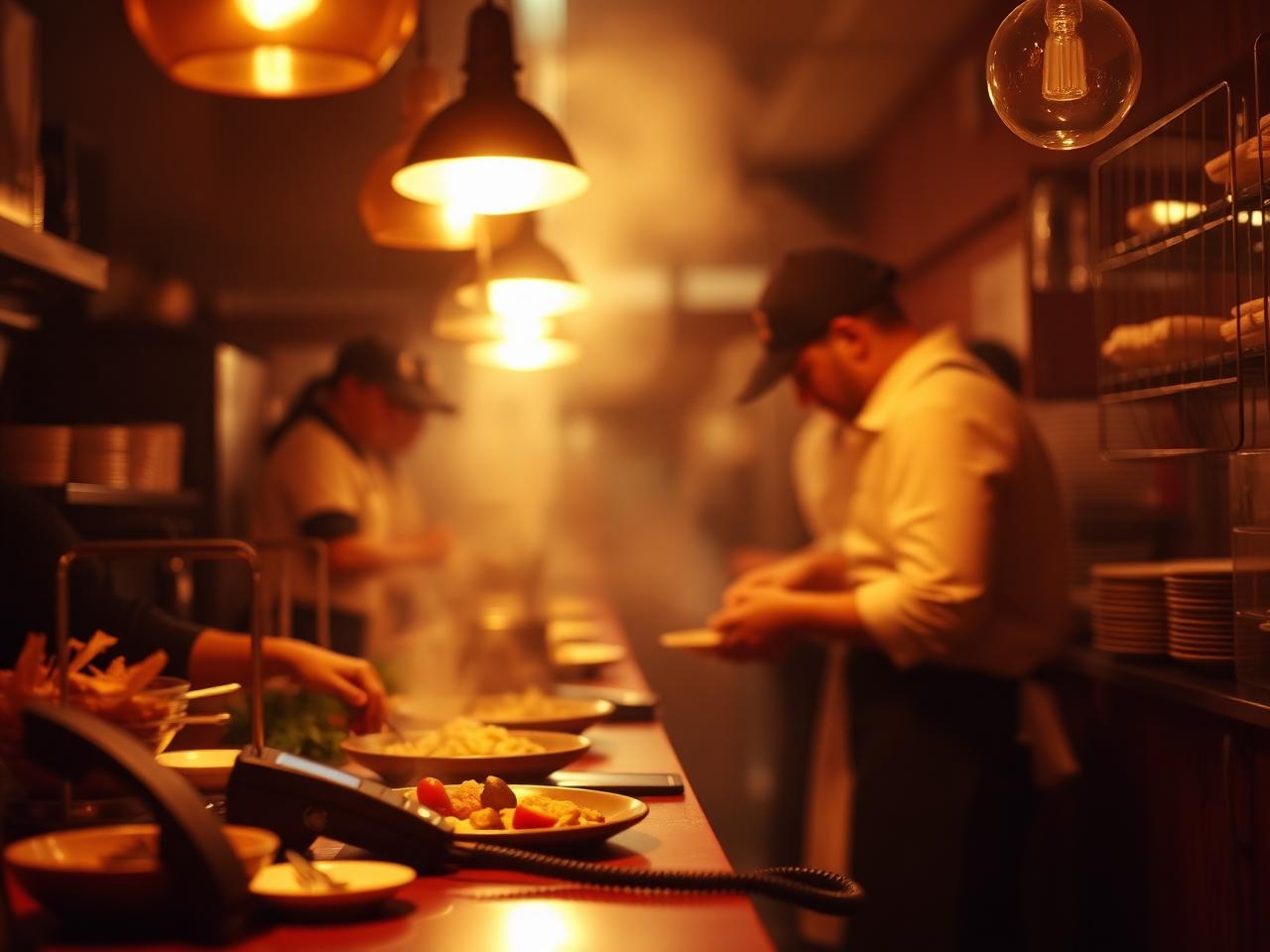 Busy restaurant kitchen during the dinner rush with the phone ringing at the counter